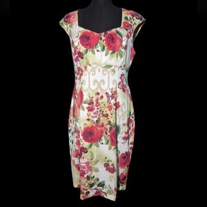 Connected Apparel Ivory, Pink & Green Floral Sheath Dress Square Neck - Size 12
